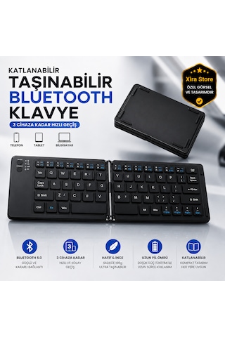 Katlanabilir Bluetooth Kablosuz Klavye 3 Cihaz Bağlantılı, Apple iOS Android Windows Uyumlu, Ultra İnce Taşınabilir