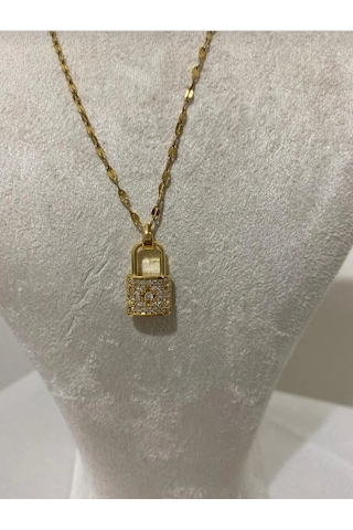 Gold Renk Taş Detaylı Kilit Model Kolye Altın