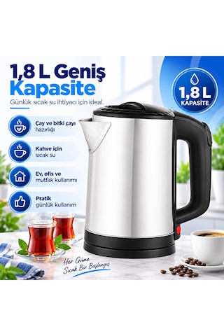 1.8 L Paslanmaz Çelik Elektrikli Su Isıtıcı Kettle 360 Döner Tabanlı Otomatik Kapanmalı Susuz Çalışma Korumalı