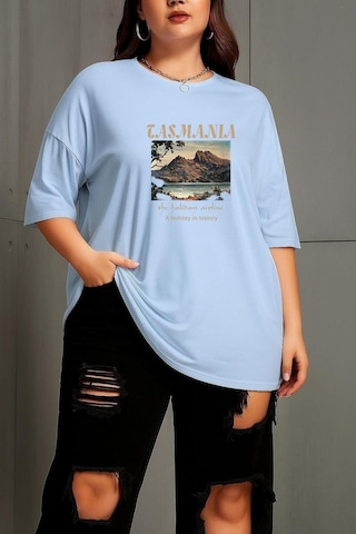 Benroma Büyük Beden Tasmania Baskılı Unisex Tişört Bebe Mavisi