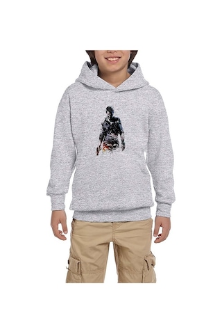 Zepplin Giyim Uncharted 4 Nathan Drake Siluet Gri Çocuk Kapşonlu Sweatshirt Gri