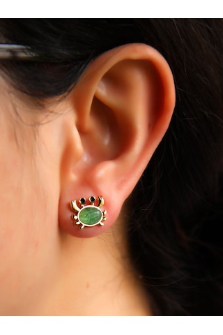 Esha Store Doğal Taş Yeşil Akik Doğal Taşlı Yengeç Altın Kaplama Kadın Küpe Euk21ya Yeşil