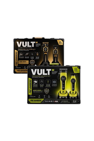 Vult - 2'li Tıraş Makinesi Seti - Vt-9878-spro Profesyonel Berber Tipi Kablosuz Clipper & Trimmer 6000-8000 Rpm Motor 200 Dakika Pil Led Ekran Dlc Bıçak - Yeşil