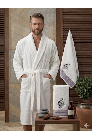 Premium 2'li Aile Bornoz Seti Çeyizlik Pamuklu Hediyelik Banyo Takımı S/m Krem