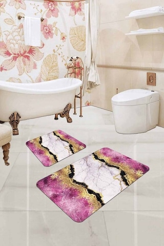 Pembe Mermer Görünümlü Banyo Halısı Klozet Paspas Seti Bs335n11