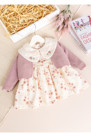 Babymod Bebe Yaka Çiçek Desenli 100% Pamuk Müslin Triko Hırkalı Kız Bebek Elbise gül kurusu