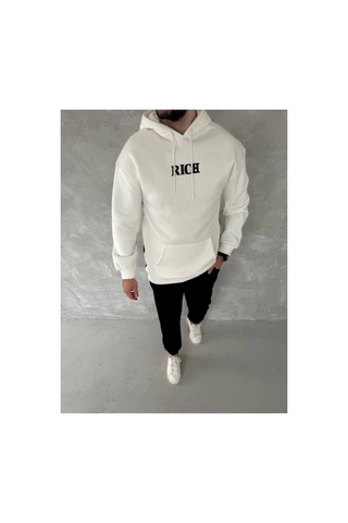 Butik İstanbul Uzun Kol Kapşonlu Göğüs Baskılı Sweatshirt - Beyaz