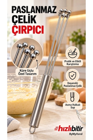 Bymyhand Paslanmaz Çelik Açılıp Kapanabilir Top Çırpıcı Küre Uçlu Yumurta Krema Çırpıcı Açık Hali 30 Çok Renkli