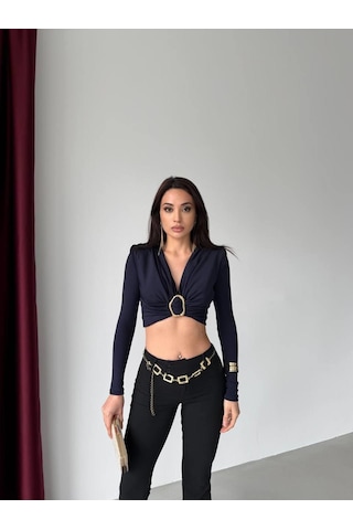 Elaxi Kadın Dalgıç Kumaş Tokalı Vatkalı Crop Bluz Lacivert