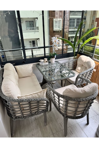 Kartepe 2 1 1 Rattan Bahçe Balkon Takımı Açık Krem