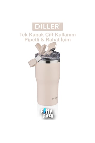 Dıller 620 Ml Tek Kapak Çift Kullanım Pipetli/pipetsiz Taşıma Kulplu Mug/çelik Termos-ffdıllerd9168 Krem