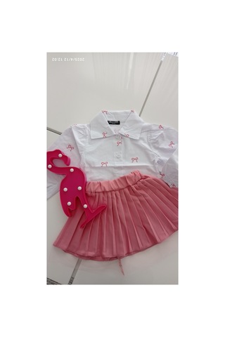 Azra Fiyonk Desenli Gömlek Etek Takım Pembe