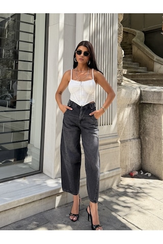 Out Of Standart Kadın Barrel Leg Normal Bel Düz Paça Jean Pantolon Siyah