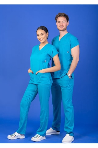 Tek Üst Unisex Kalıp Turkuaz Mavi Likralı Hemşire / Doktor Forması Scrubs Turkuaz