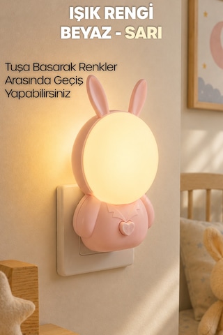 Gece Lambası Tavşan Tip 2 Mod Sarı-beyaz Işık Tuşlu Koridor Hol Işığı Uyuma Işığı Pembe K6821
