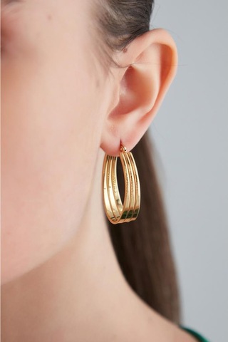 Oqqo Üçlü Sıralı Oval Halka Çelik Küpe Altın