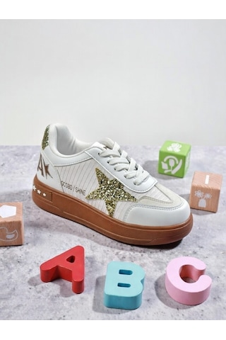Nstil Kız Çocuk Simli Yıldız Detaylı Sneaker Bağcıklı Günlük Spor Ayakkabı 5006 - Beyaz