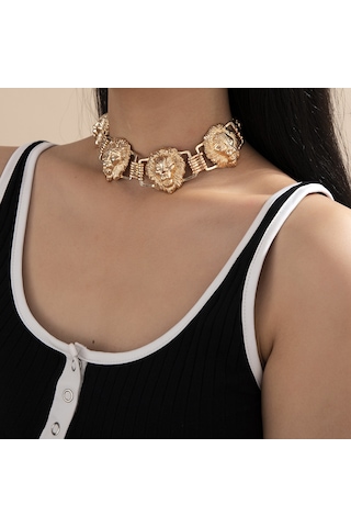 Mücevher Kişiliği Geometrik Punk Hayvan Kolyesi Abartılı Metal Kabartma Aslan Başı Üç Boyutlu Kolye Diğer