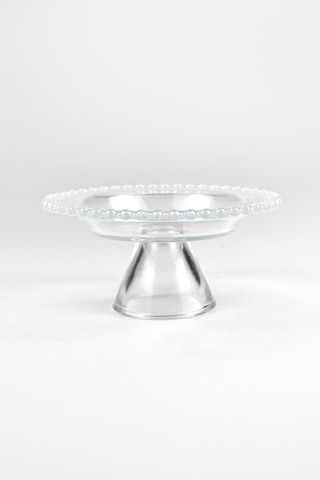 Ayaklı Şeffaf Mini Boncuk Kenarlı Cam Sunum Tabağı 16 Cm Küçük Boy