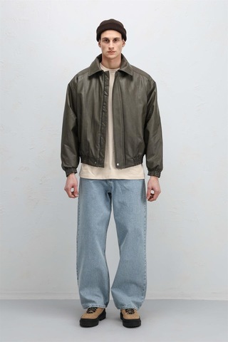 Vamos Oversize Deri Bomber Ceket Haki