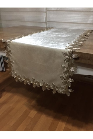 Krem Gelin Çeyiz Dantelli Lüx Kadife Runner