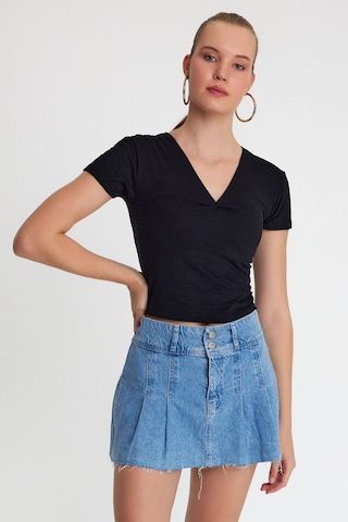Kadın V Yaka Basic T-shirt Siyah