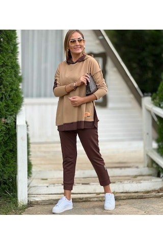 Kadın Kahve Kapşonlu Etek Ucu Detay Arma Ikili Takım Bediva 001