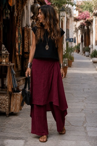 Bohem Stil İtalyan Ham Keten Pantolon Etek Bordo