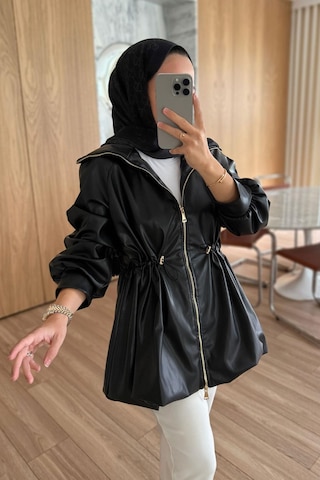 Beli Büzgülü Deri Ceket - Siyah Siyah