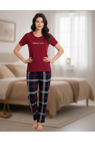 Boyraz Slim Fit Dar Kesim Kadın Milan Bisiklet Yaka Kısa Kol Pijama Takımı 11007b - 1 Adet Bordo