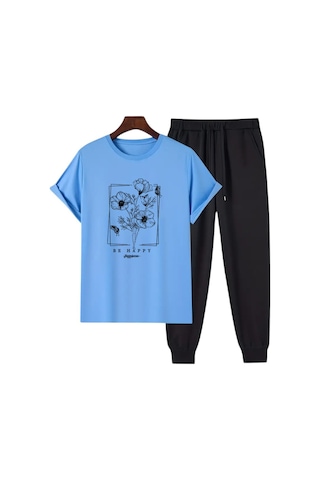 Uyguntarz Unisex Be Happy Tasarım Basklı Tshirt Eşofman Takımı Bebe Mavi