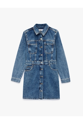 Koton Uzun Kollu Klasik Yaka Düğmeli Cep Detaylı A Kesim Mini Denim Elbise Orta İndigo 6wal80001md Indigo