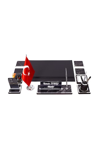 11 Parça Türk Bayraklı Mermer Desen Ahşap Sümen Takımı Masa İsimliği Deri Sümen Seti - Gümüş