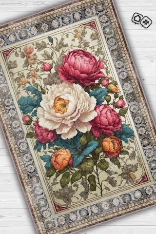 Homshtag Art Deco Şakayık Çiçeği Vintage Halı Görünümlü Dijital Baskı Renkli Halı Rustik Çiçek Halı Çok Renkli