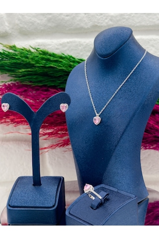 925 Ayar Gümüş Pembe Kuvars Taşlı Özel Tasarım 3 Lü Trend Kadın Takı Seti Gümüş