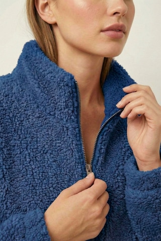 Kadın Peluş Tam Fermuarlı Cepli Sherpa Kuzu Kumaş Oversize Peluş Polar Sweatshirt İndigo