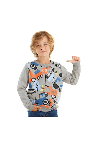 Denokids Sevimli Arabalar Gri Erkek Çocuk Sweatshirt Gri