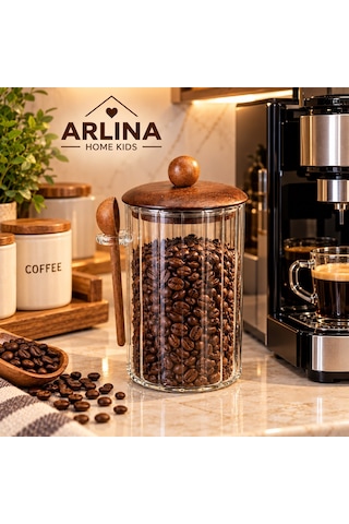 1000ml Akasya Kapaklı Kaşıklı Cam Kavanoz Şeffat Cam - Akasya Ahşap Kapak