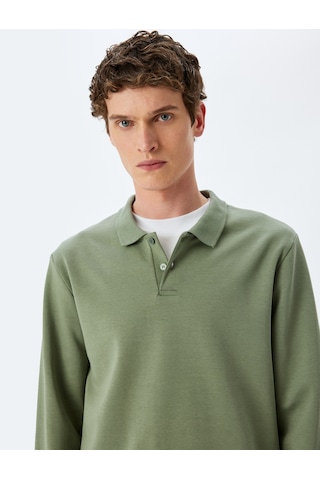 Koton Pamuklu İnterlok Kumaş Polo Yaka Sweatshirt Haki 5sam70003mk Haki
