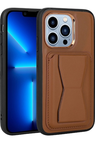 Apple Uyumlu iPhone 13 Pro Max Uyumlu Kartlıklı Standlı Pu Deri Zore Memo Kılıf-kahverengi Kahverengi -