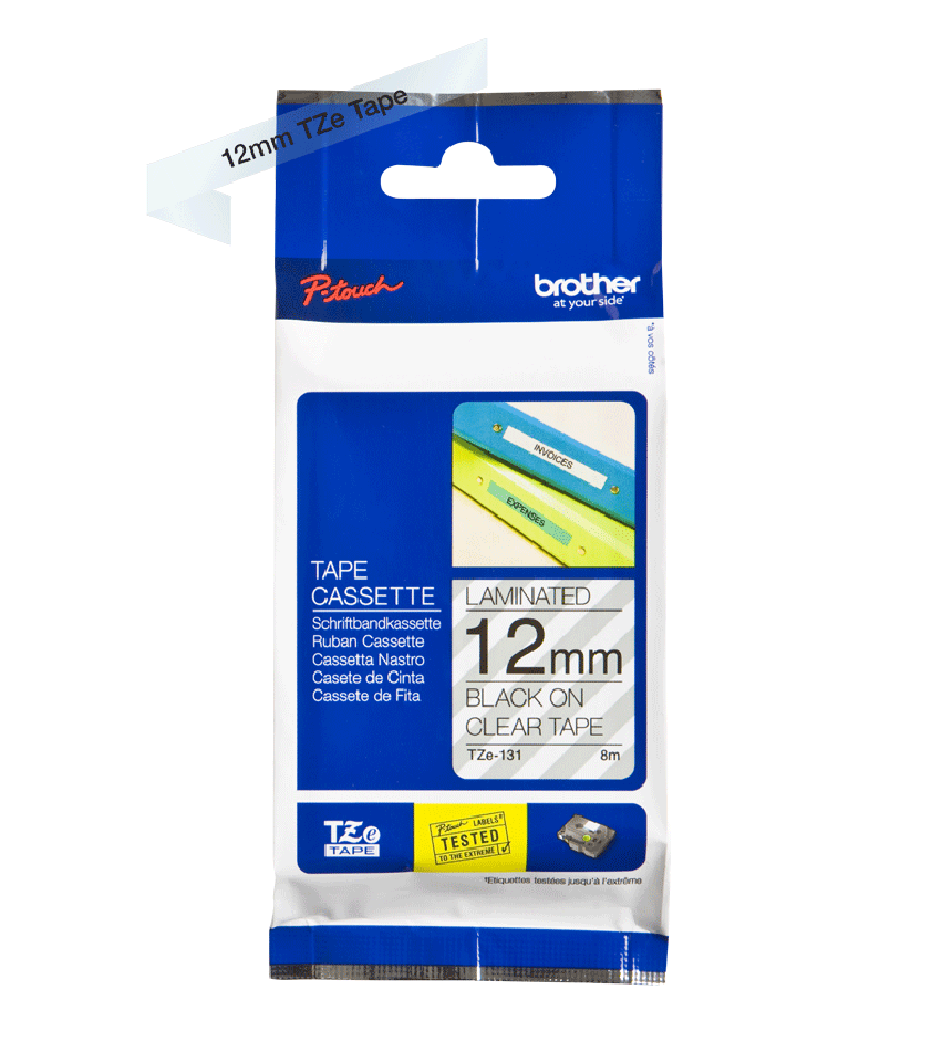 Tze-131 12mm Şeffaf Üzerine Siyah Laminasyonlu Etiket