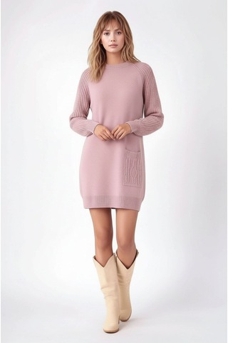 Kadın Kolları Uzun Kendinden Dokulu Bisiklet Yaka Tunik Boy Şık Kışlık Triko Büyük Beden Kazak Pembe