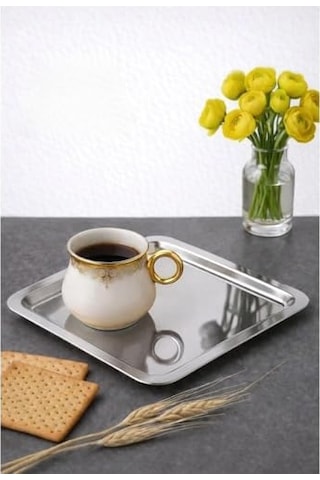 6 Adet Lüx Kare Paslanmaz Çelik Sunum Tepsini 21x21cm Kahve Servis Sunum Tepsisi & Amp Tabağı Gümüş Diğer