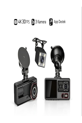 Araç İçi Kamera 4k 30fps Dvr 3 Kameralı Lcd Ekranlı Gece Görüşlü Araba Kamerası