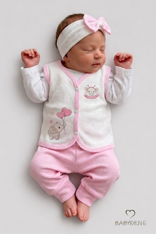 Babyden's Kız Bebek Yelek Jakarlı Kalp Desenli Pamuklu Çıtçıtlı Fil Baskılı Bebek Yeleği Mevsimlik,yumuşak Ekru - Pembe