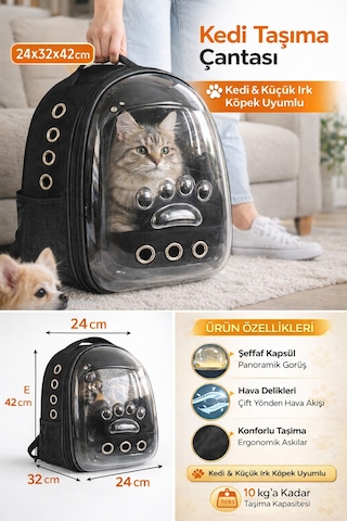 Patili Astronot Şeffaf Kapılı Taşıma Sırt Çantası 24x32x42 Cm Siyah