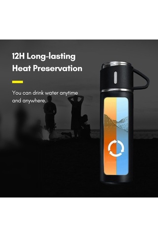 Fortunelane 500ml 304 Çelik Termos Bardak, 12 Saat Isı Saklama, Sızıntısız, Ev/ofis/doğa Kullanım, Kapak Bardak Olarak, Gümüş Ren Siyah