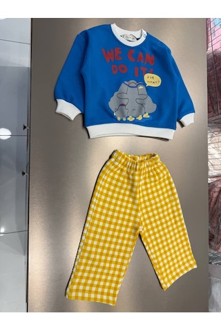 Magu Çocuk Pamuklu Fil Baskılı Mavi Sweatshirt Ve Sarı Pötikare Pantolon Takımı Çok Renkli
