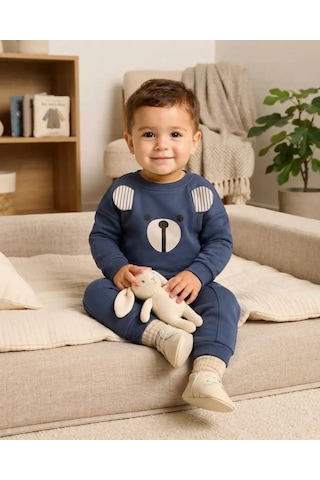 Minaminokids Alt Üst Takım Erkek Bebek Lacivert Kulaklı Baskılı Kışlık