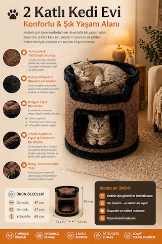 Miyusa 2 Katlı Kedi Evi Modern, Konforlu Ve Şık Kedi Yuvası